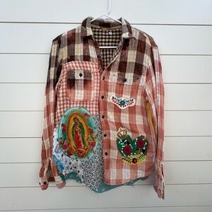 Plaid Button Down Shirt with Embroidered Patches